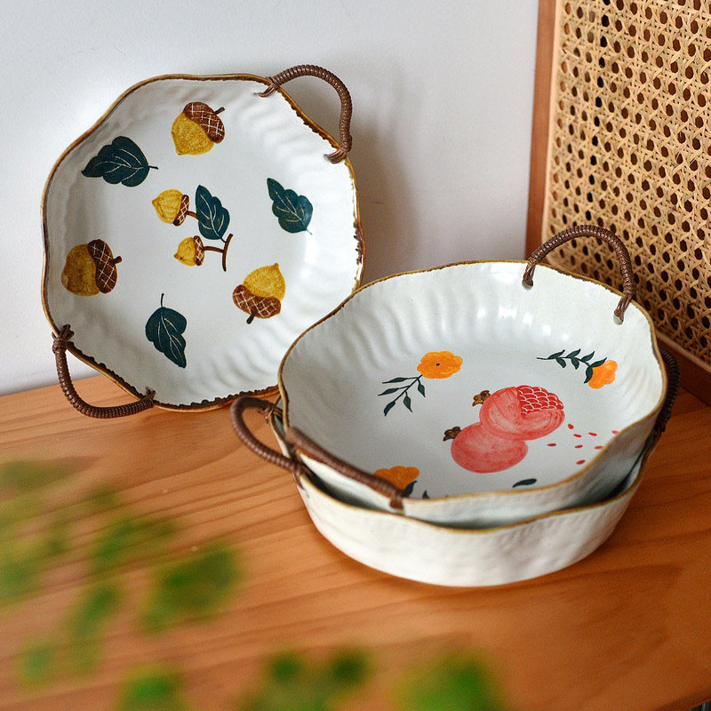 景德镇匠人手绘日式古朴水果篮藤编双耳防烫提手果盘下午茶盘子,餐饮具,果盆/果盘/果篮,淘宝优惠券,粉丝福利购,淘宝优惠卷