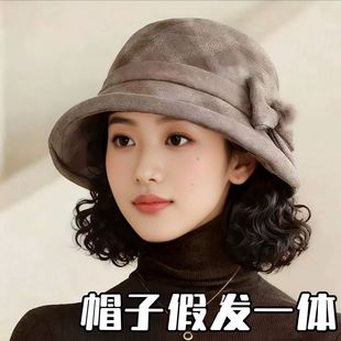 秋冬帽子假发一体优雅气质短卷发蝴蝶结渔夫帽复古格子假发一体帽