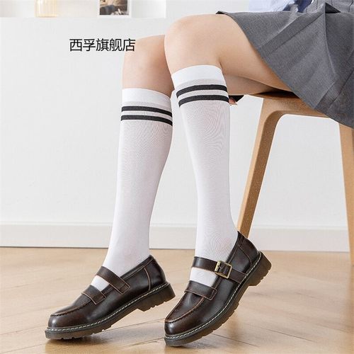 二杠小腿袜子女夏季薄款丝袜黑色白色中筒学生日系jk天鹅绒长筒袜