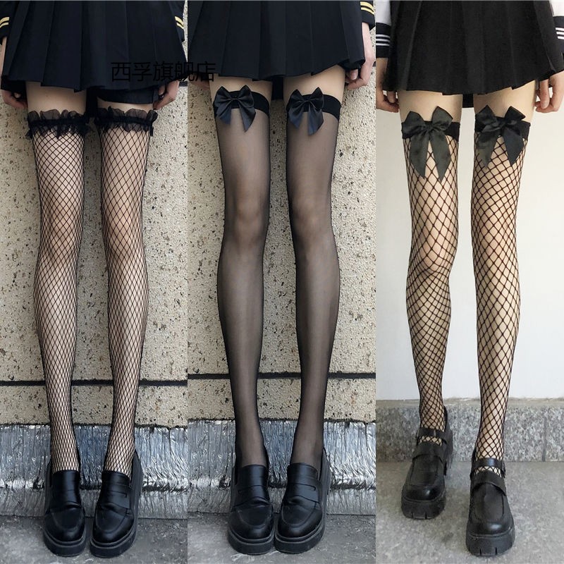 渔网袜黑色鱼网丝袜jk学生夏天薄款外穿过膝初中生袜子春秋款领劵