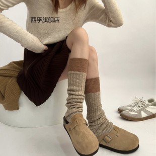 秋冬针织保暖绵羊绒撞色袜套灰色小腿袜JK拼接腿套女Y2K堆堆袜套