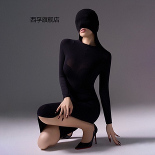 天鹅绒连体长裙丝袜五指头套紧身包臀裙Cos性感女全身大码连衣裙