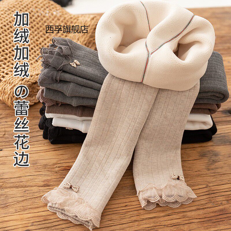 女童打底裤加绒加厚秋冬季外穿棉质竖条纹蝴蝶结儿童九分保暖裤子
