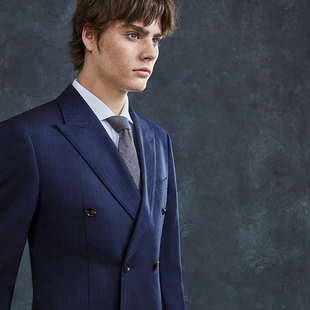 双排扣蓝色正装 男套装 纯羊毛西装 新郎结婚礼服三件套西服 澳嘉