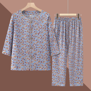 睡衣长袖 70岁妈妈开衫 老太太居家服 女奶奶纯棉绸套装 中老年人夏装