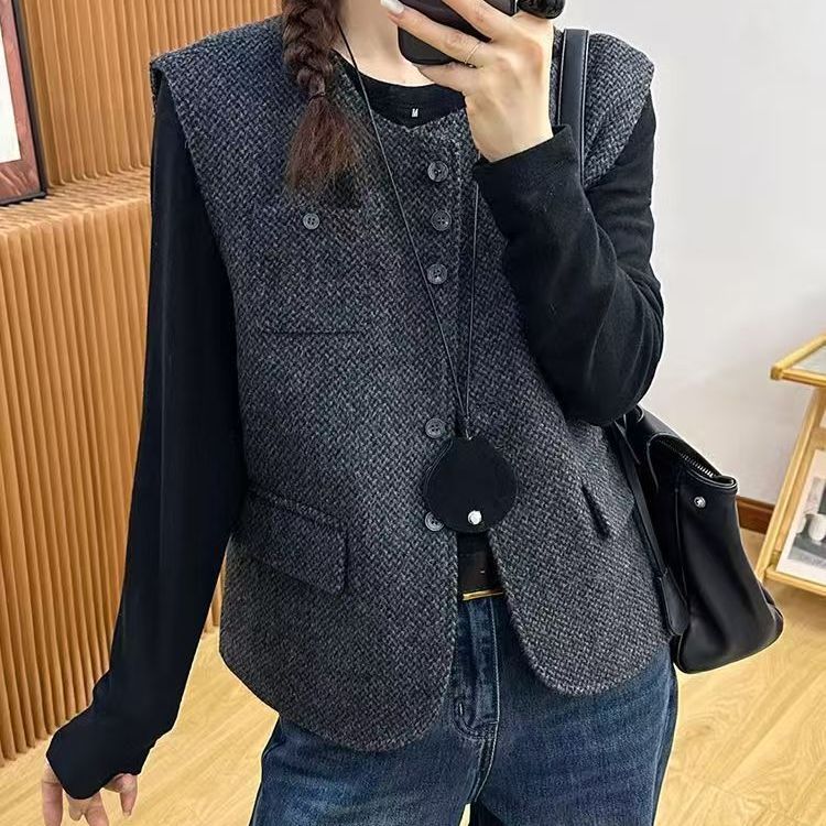 高品质夹棉毛呢马甲外套女