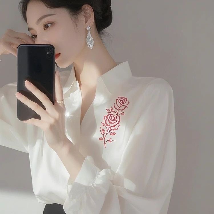 白色印花衬衫女2025春季新款