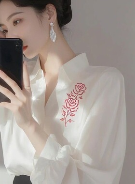 高级感超好看白色印花衬衫女2025春季新款法式轻奢独特漂亮衬衣服
