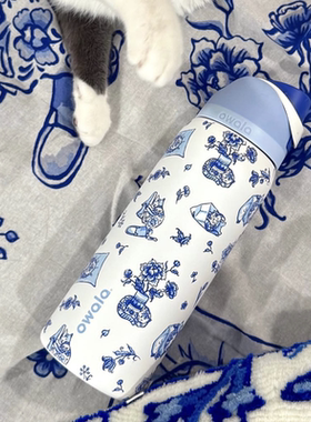 Owala新款UO联名delft cat蓝色猫咪保温保冷杯带吸管运动水壶32oz