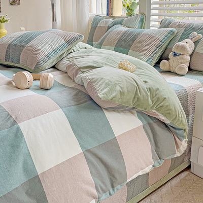 A面纯棉B面绒床盖四件套一面纯棉一面宝宝绒双面可用床单三件套