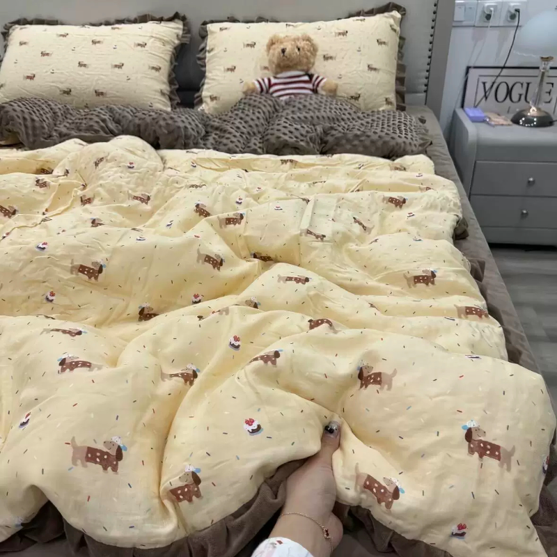 a类全棉纯棉双层纱四件套牛奶绒豆豆绒冬季加厚床单被套2025新款