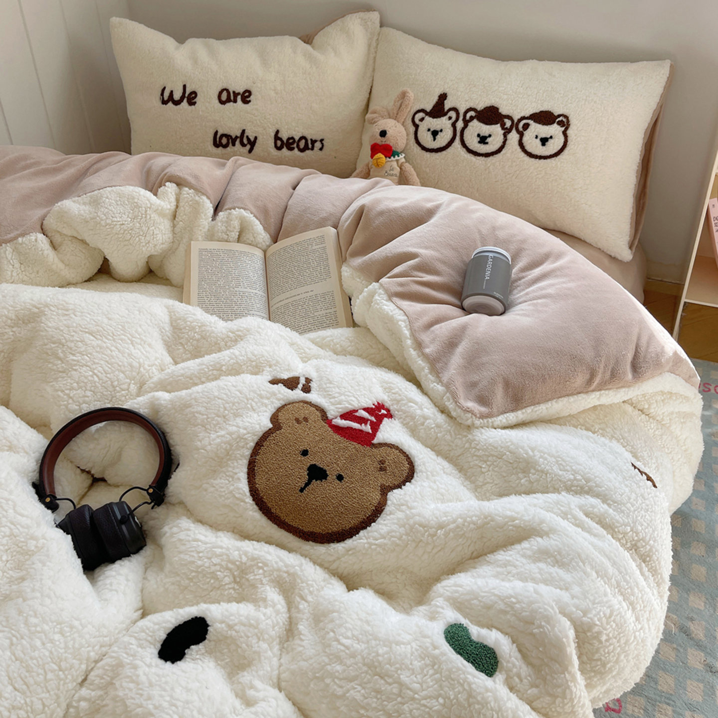 美拉德小熊羊羔绒加厚四件套冬季保暖牛奶绒卡通法兰绒三件套床单