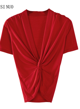 红色短袖t恤女2023年夏季新款女装交叉扭结修身内搭打底衫v领上衣