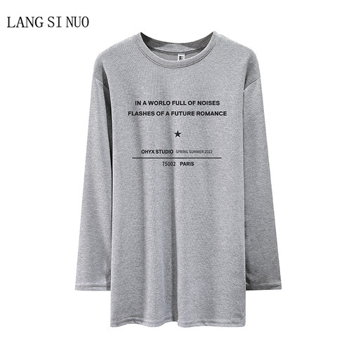 圆领宽松中长款印花纯棉长袖