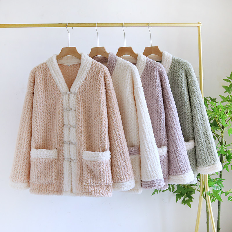 女法兰绒睡衣上衣家居服女冬季厚