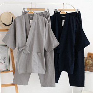 简约汉服男士纯棉纱布和服夏秋睡衣汗蒸作务服纯棉家居服套装