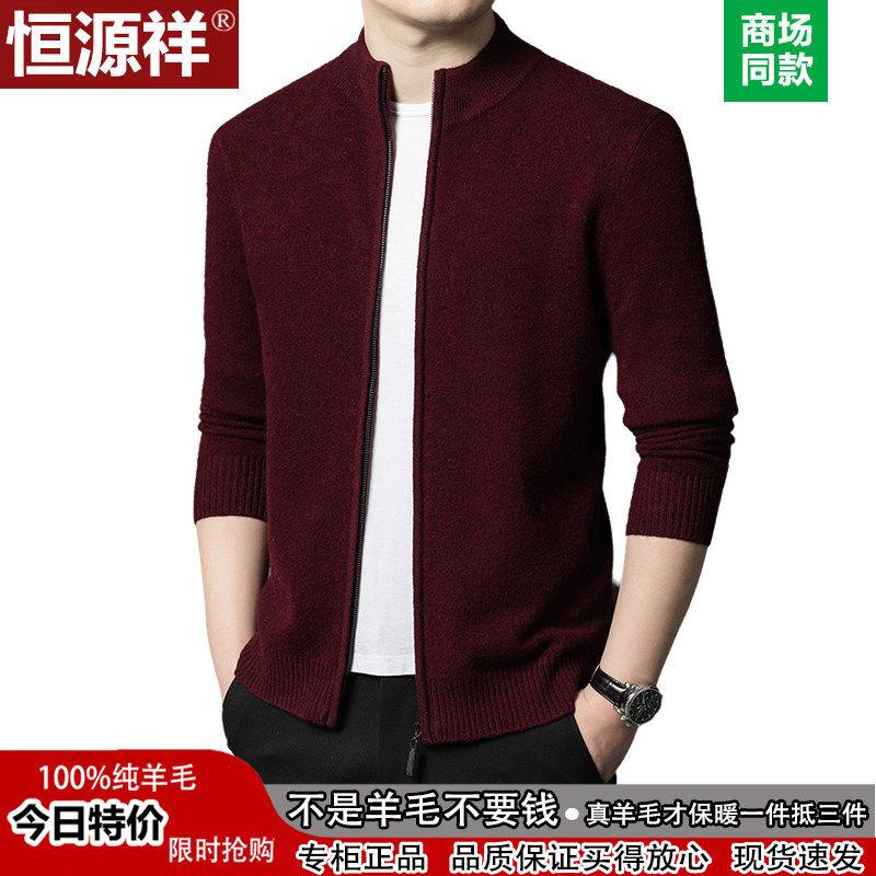 恒源祥100%羊毛衫2024冬季新款男士立领针织开衫男装羊绒毛衣外套