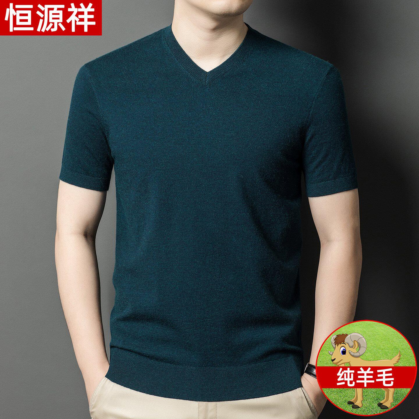 恒源祥新款纯羊毛衫男士春秋季短袖v领薄款毛衣半袖针织打底衫男