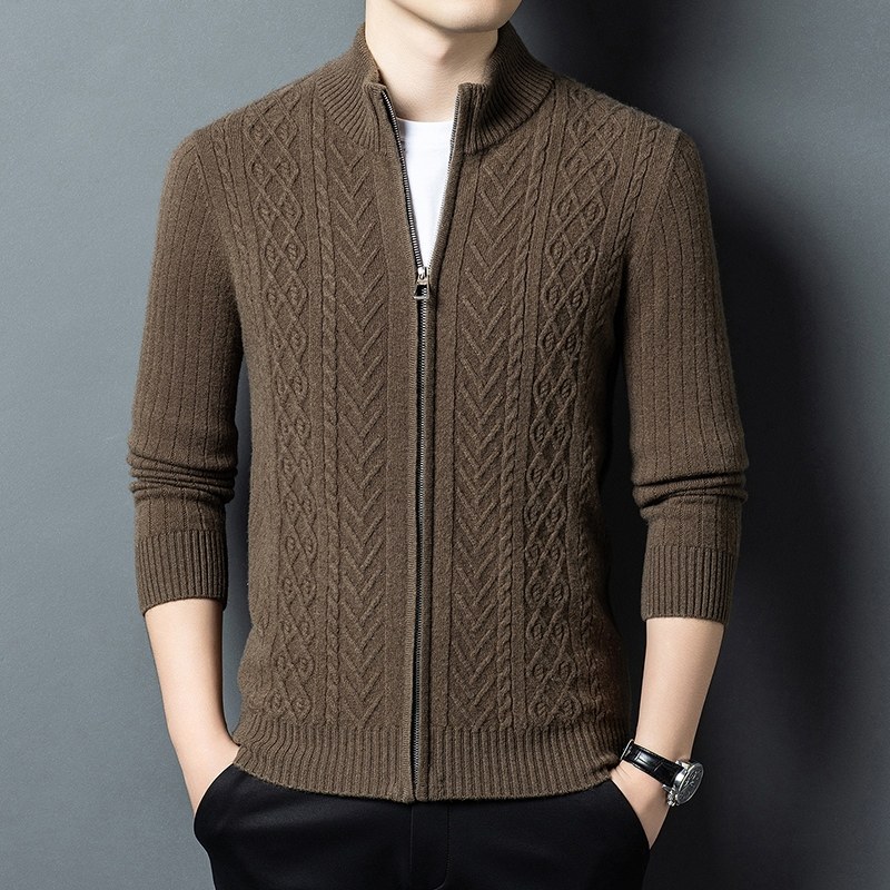 恒源祥羊毛衫男100纯羊毛加厚针织开衫立领秋冬保暖毛衣拉链外套