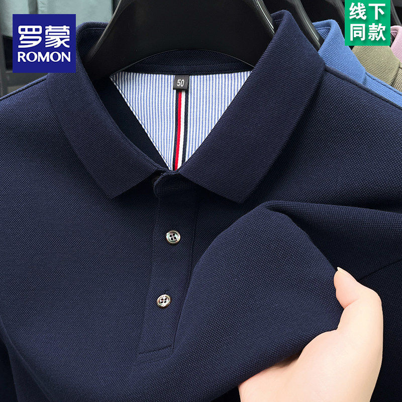 罗蒙春夏100%纯棉翻领长袖T恤男喜公公爸爸婚宴装上衣纯色POLO衫