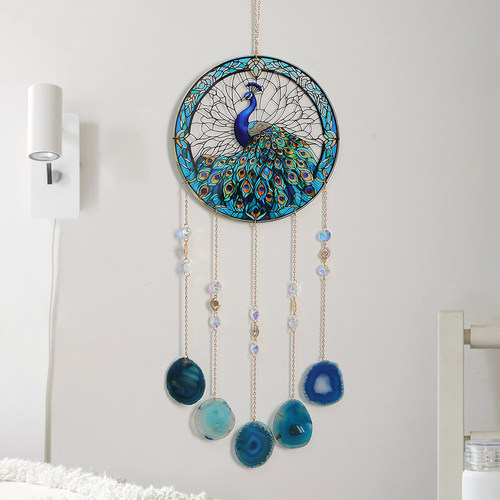 孔雀太阳捕手玛瑙水晶捕梦网挂件