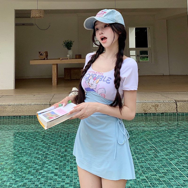 微胖mm甜美小熊印花短t恤女纯欲收腰背带半身裙两件套