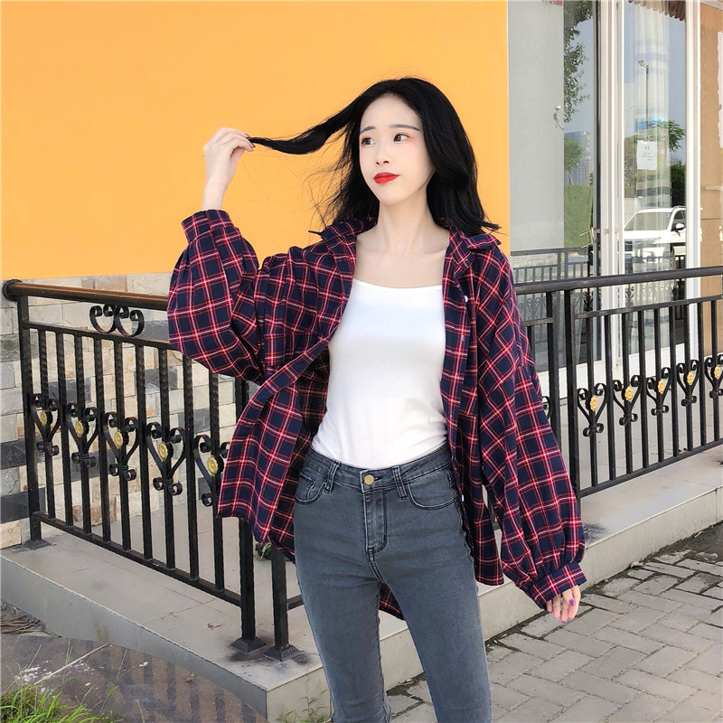 Real-price new Korean Baitachic loose checked long-sleeved Lapel shirt jacket