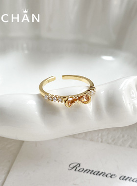 蝴蝶结锆石珍珠开口戒指ins风