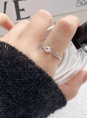 可爱猫咪锆石开口戒指可调节