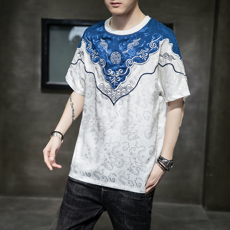 중국 스타일 남성 반팔 티셔츠 여름 얼음 실크 얇은 섹션 유행 민족 스타일 실크 느슨한 반소매 무거운 자수