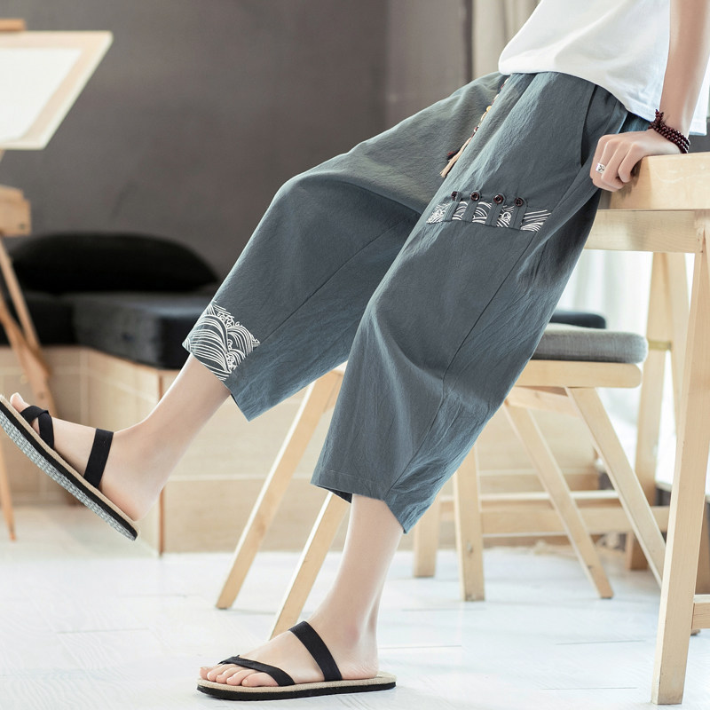 중국 스타일 남성 여름 얇은 면화와 린넨 크롭 바지 느슨한 지방 대형 린넨 바지 캐주얼 하렘 반바지 유행