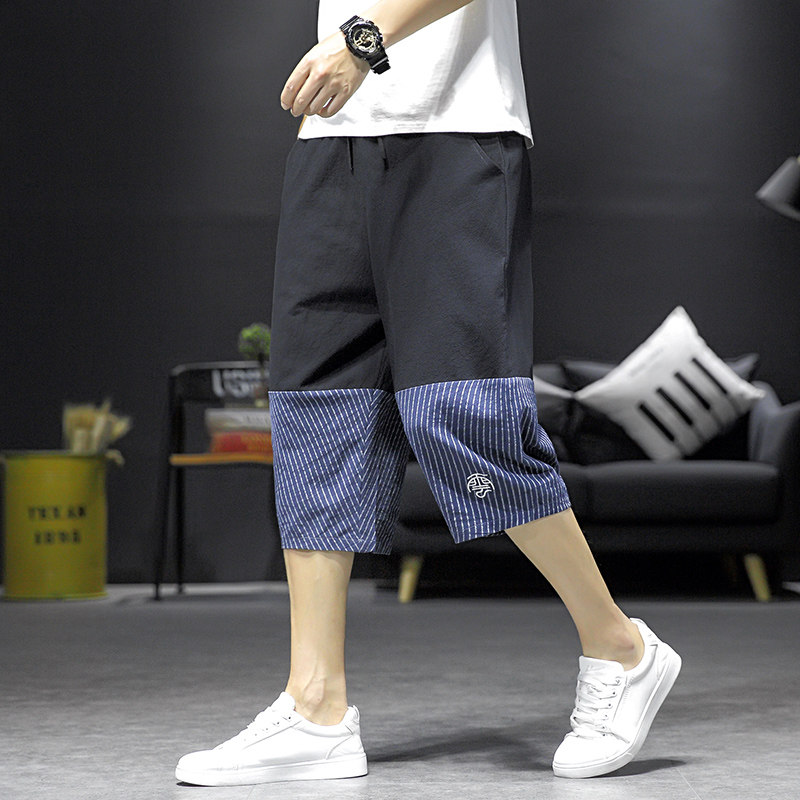중국 스타일 남성 크롭 바지 여름 유행 브랜드 얇은 자수 스트라이프 린넨 캐주얼 반바지 대형 루즈 트렌드