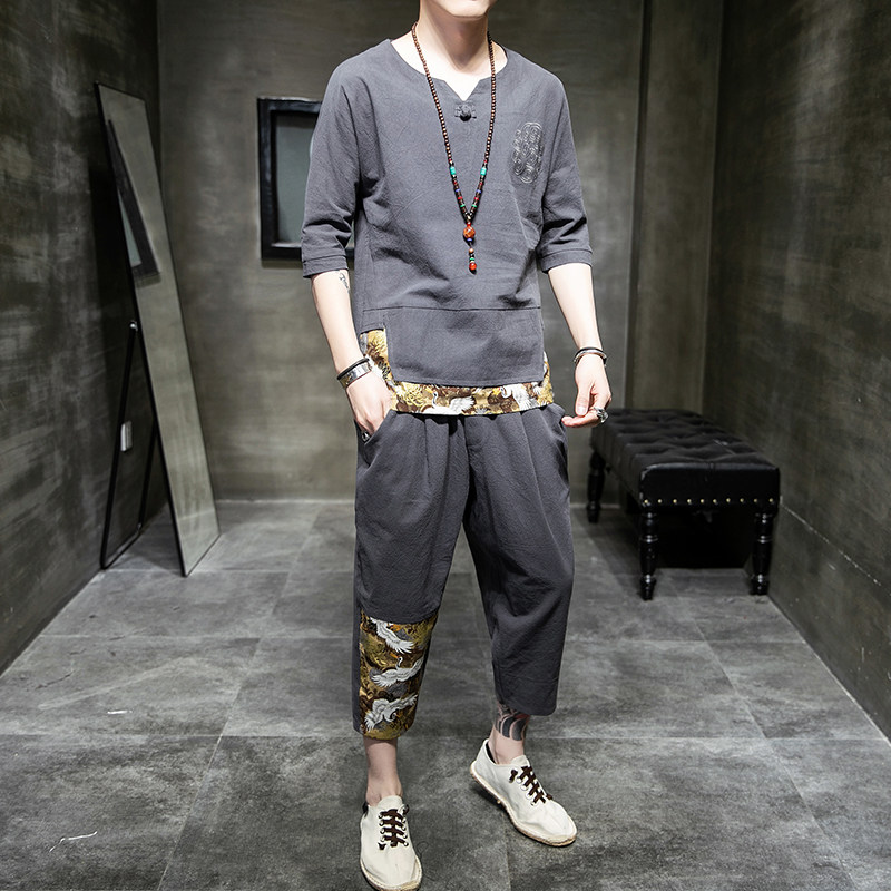 중국 스타일 남자 정장 중국 스타일 버클 청소년 유행 면화와 린넨 접합 유행 복고풍 여름 반팔 티셔츠 정장