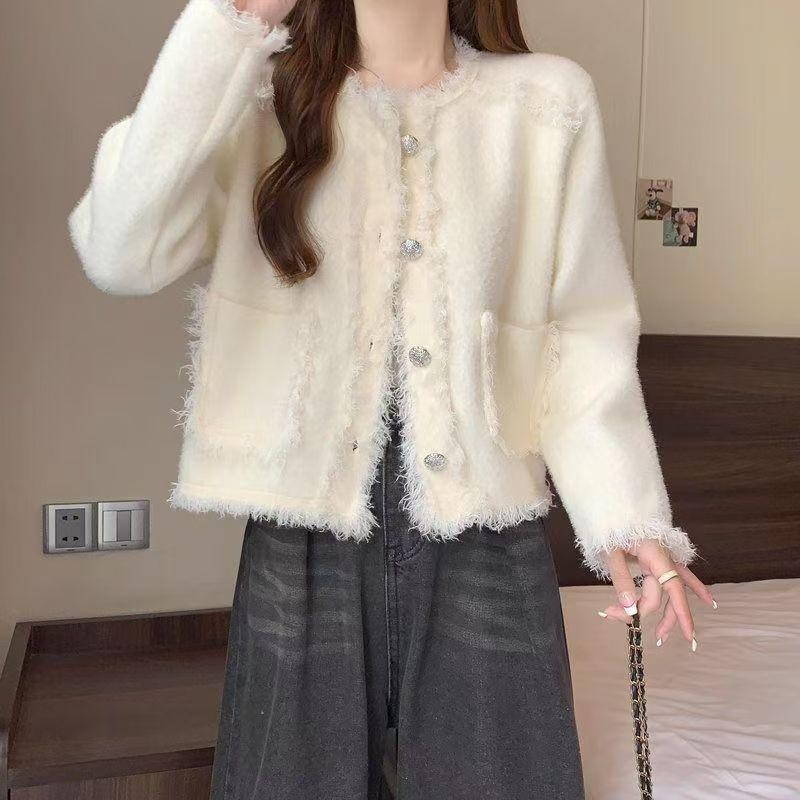 新款外套小香风仿水貂绒针织开衫