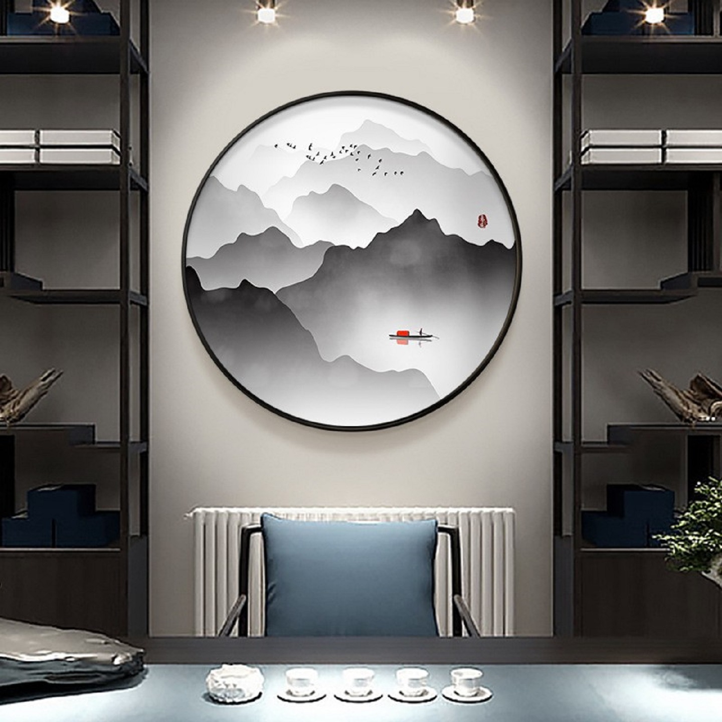 餐厅背景墙挂画入户新中式装饰画禅意山水画玄关餐厅圆形挂画书房图片