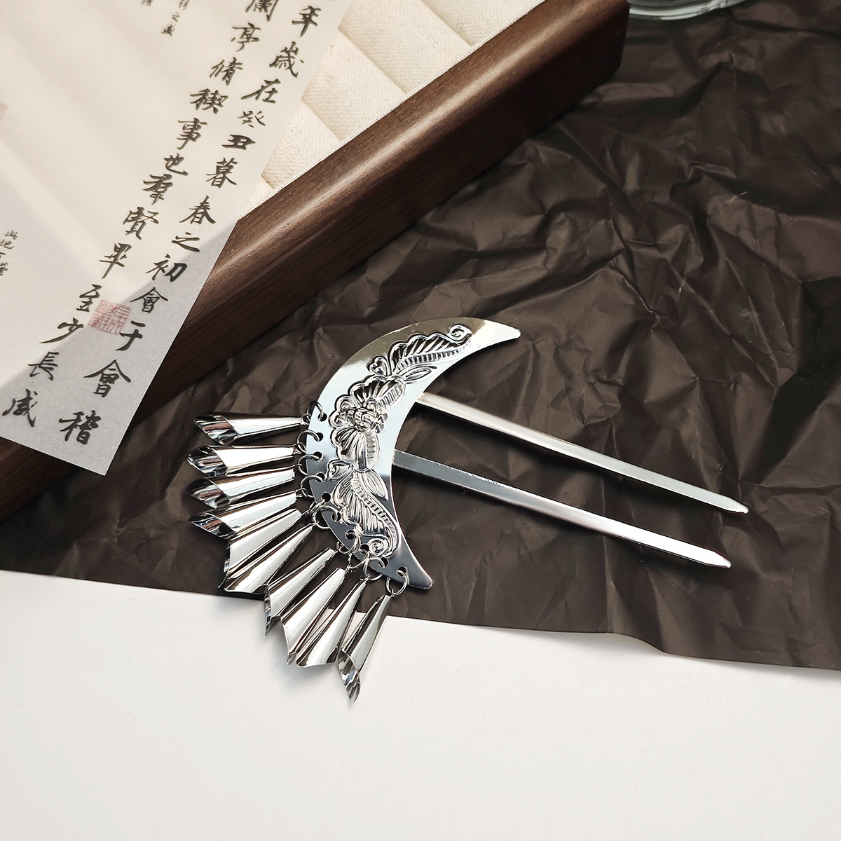 新中式月牙蝴蝶风铃古风发簪 新款国潮民族风个性气质U型发钗饰品