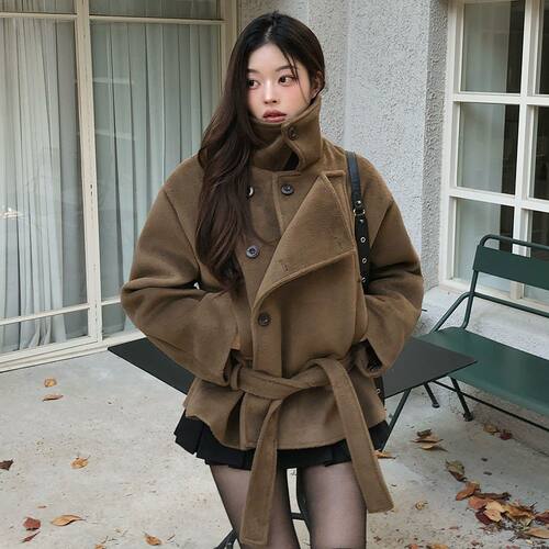 韩国ins博主款复古气质2025秋冬季慵懒立领毛呢外套系带短款大衣