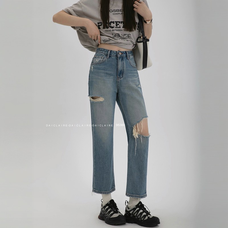 daiclaire代嘉儿95388牛仔裤女夏季韩版破洞小个子九分烟管直筒裤