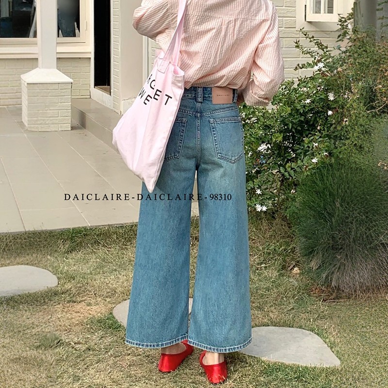 daiclaire代嘉儿牛仔裤女98310早春新款蓝色高腰九分无弹阔腿甩裤