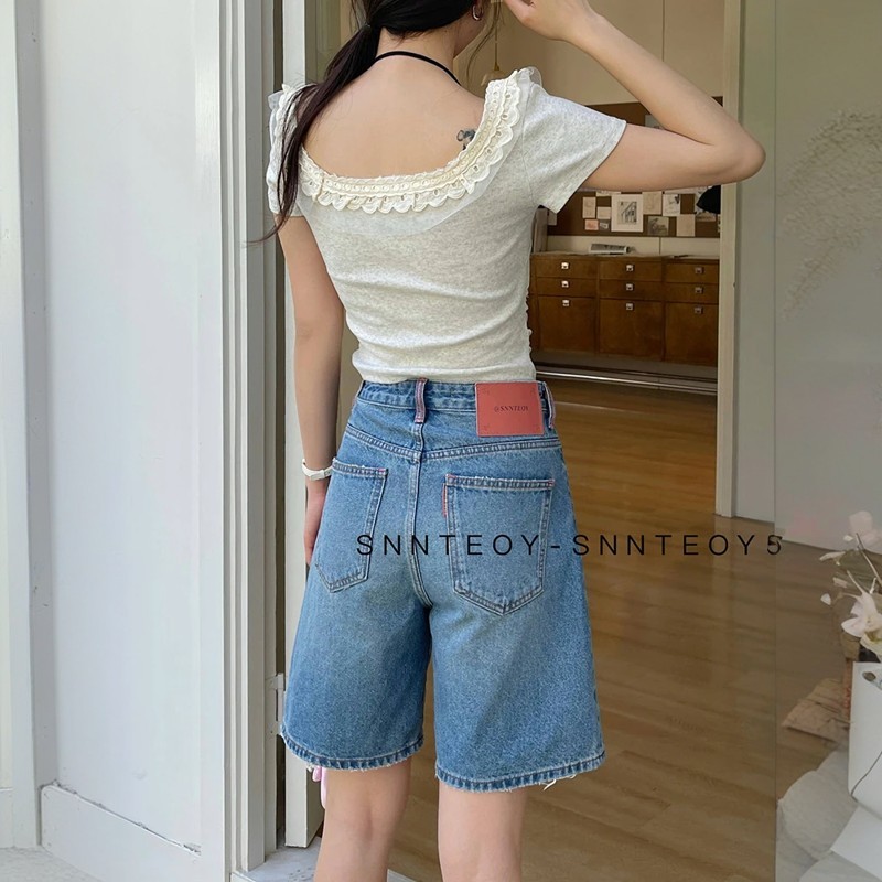 daiclaire代嘉儿50120牛仔裤女夏季薄款高腰阔腿五分裤蓝色中裤