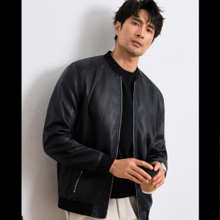 纳特尤尼秋冬季 皮衣机车潮流仿皮外套 螺纹棒球立领皮夹克简约男士