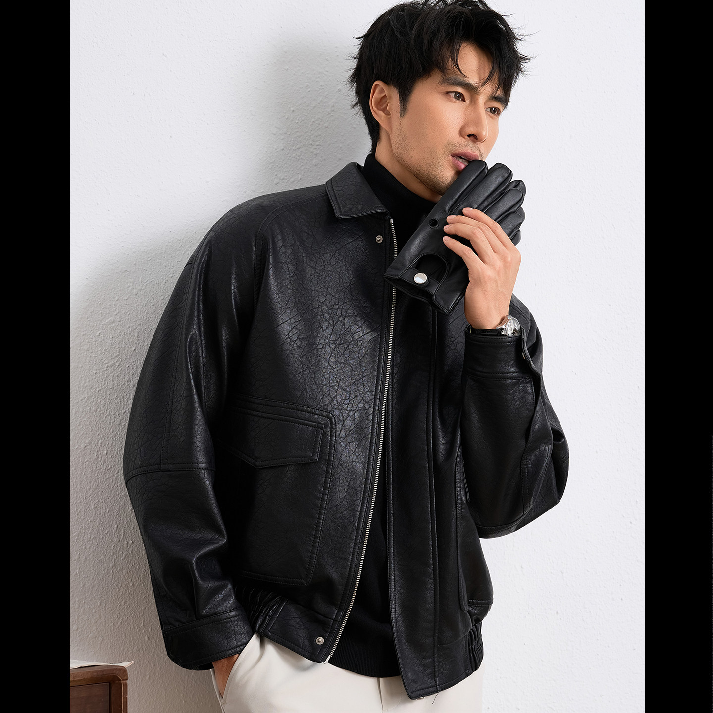 纳特尤尼2025宽松阔版PU皮裂纹时尚休闲皮夹克外套潮流机车男皮衣,男装,皮衣,淘宝优惠券,粉丝福利购,淘宝优惠卷