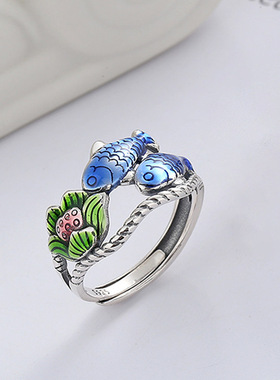 通用景泰蓝复古双鱼戏莲开口戒