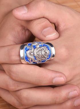 复古霸气生肖龙戒指朋克纯银个性设计男中国指环食指开口调节宽面