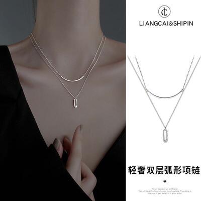 双层叠戴银项链女款夏季高级感小众轻奢锁骨链网红女生长款时尚