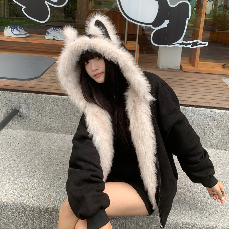 美式复古短款毛领座山雕外套女款冬季cleanfit解构连帽厚夹克棉服
