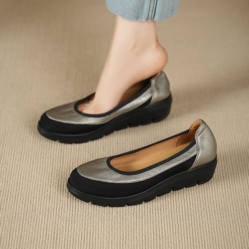 鞋时光春秋圆头拼色浅口单鞋女