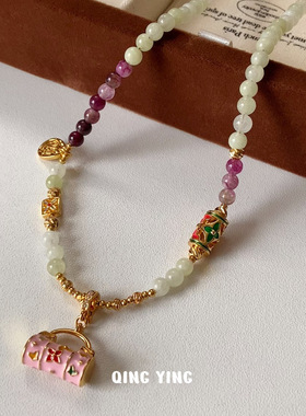 新中式国风复古彩石串珠珐琅滴釉锁包吊坠项链轻奢精致颈链锁骨链