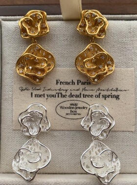 金属双层不规则花瓣耳钉耳环立体轻奢锆石复古时尚高级感个性耳饰