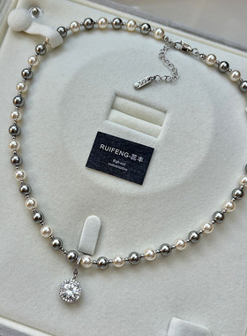 S家真多麻灰色珍珠方糖锆石吊坠项链女秋冬配饰高级感轻奢毛衣链